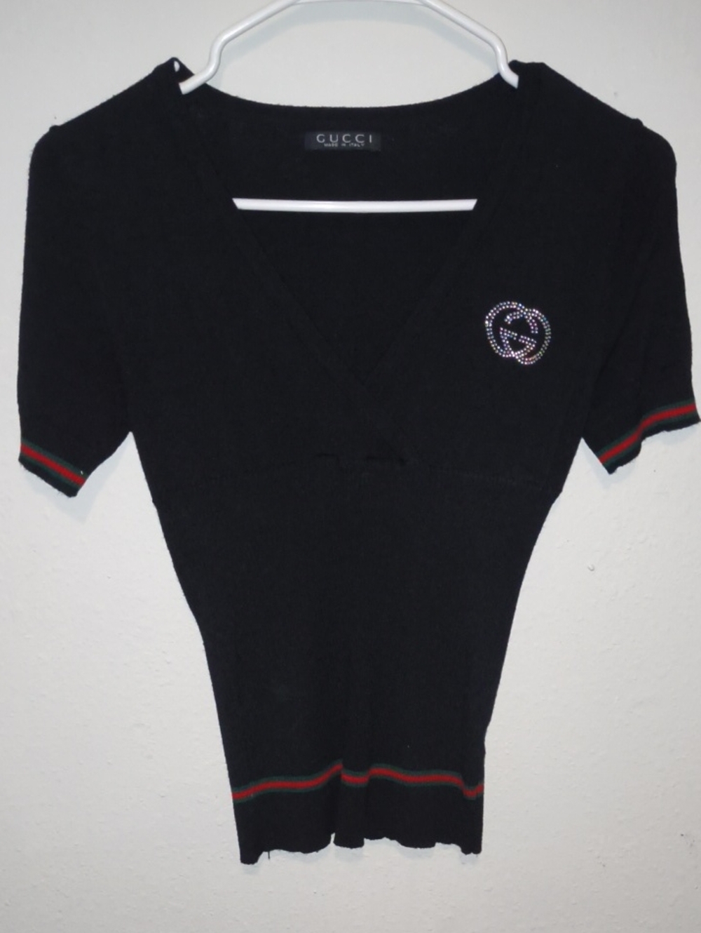 Gucci Black V-Neck Short Sleeve Sweater with Green-Red Trim and Crystal Logo
